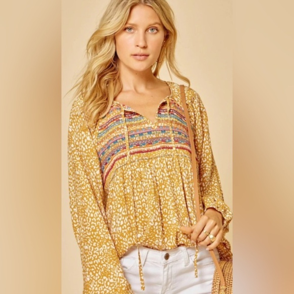 Savanna Jane Yellow Marigold Boho Peasant Long Sleeve Top EUC M #1864